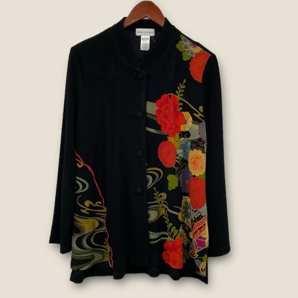 Draper & Damon's‎ Asian Jacket Womens Size Small Black Floral Button Textured